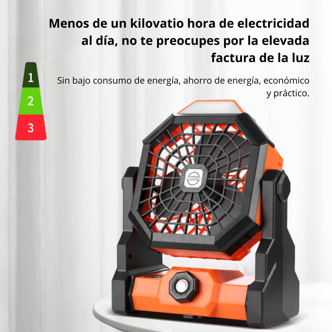 Ventilador Recargable con Luz LED y Gancho para Camping 270°