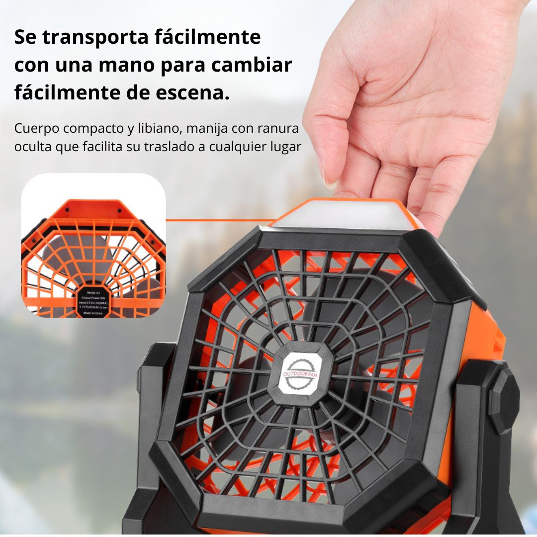 Ventilador Recargable con Luz LED y Gancho para Camping 270°
