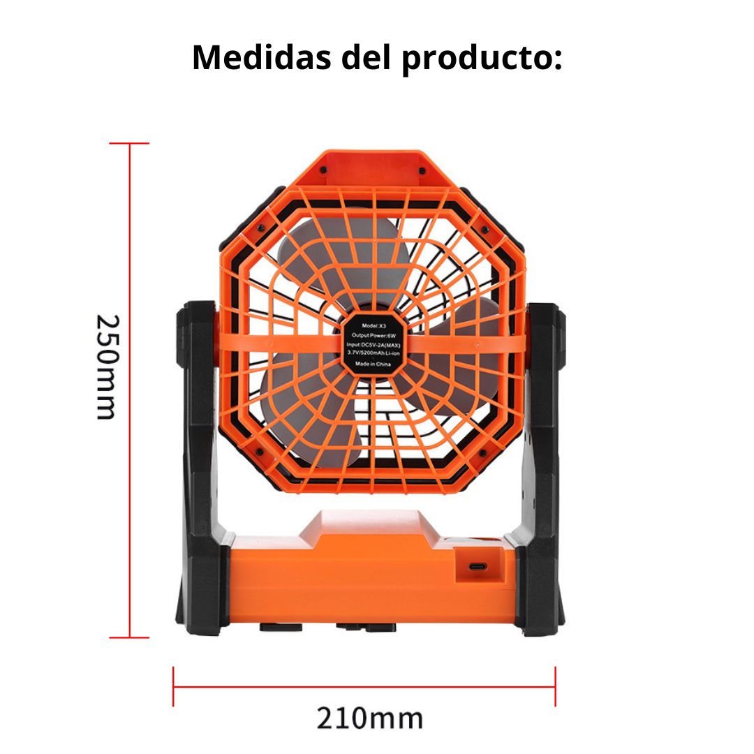 Ventilador Recargable con Luz LED y Gancho para Camping 270°