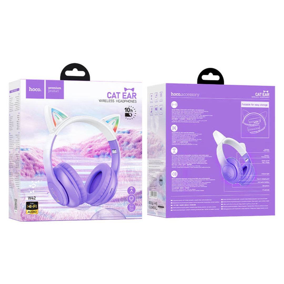 Audífonos Bluetooth Hoco W42 Cat Ears con Luces RGB TF AUX y Micrófono