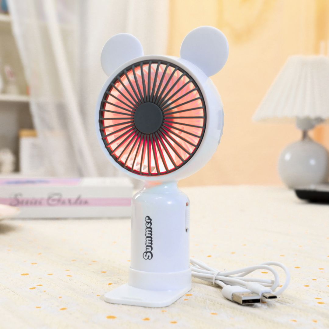 Ventilador de Mano Portátil USB Recargable con Luz LED y 2 Velocidades
